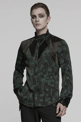 Black/Green Stand Collar Long Sleeves Ruffle Pleated Men's Gothic Blouse